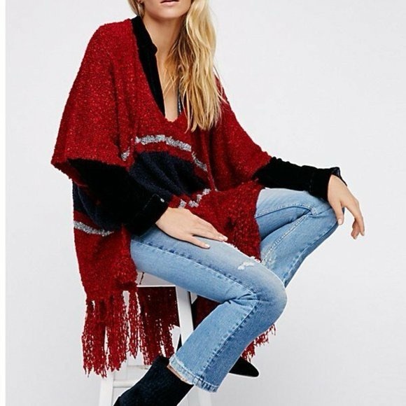 NWOT Free People Striped Fringe Juno Boucle Poncho Top Green - One Size - Picture 5 of 5